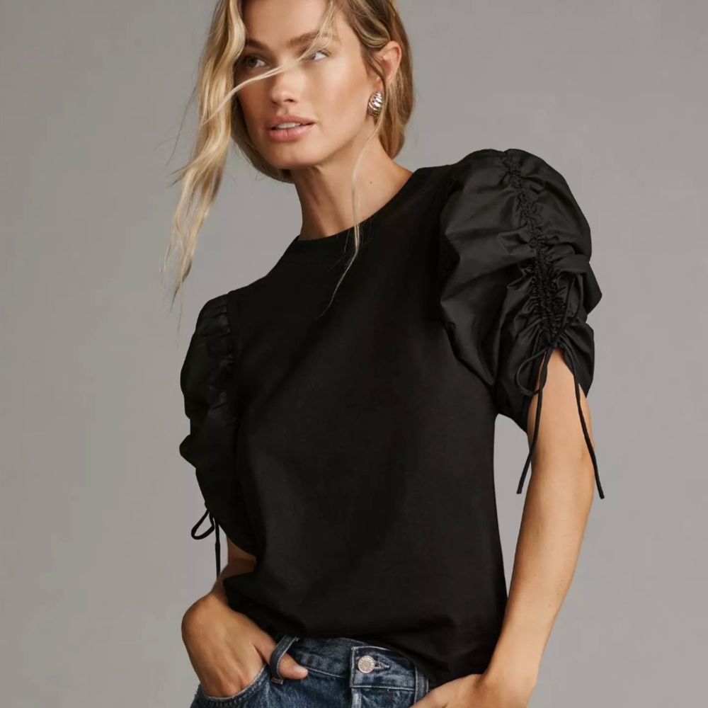 Frame Ruched Tie Sleeve Tee Black